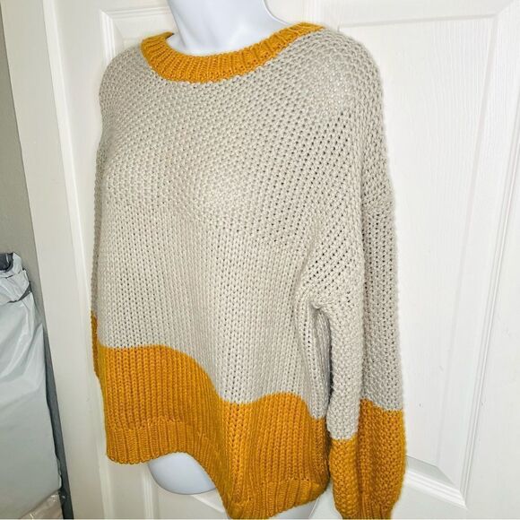 Elodie CrewNeck Colorblock Chunky Knit Sweater Balloon Sleeve Gray Mustard S - Picture 6 of 13